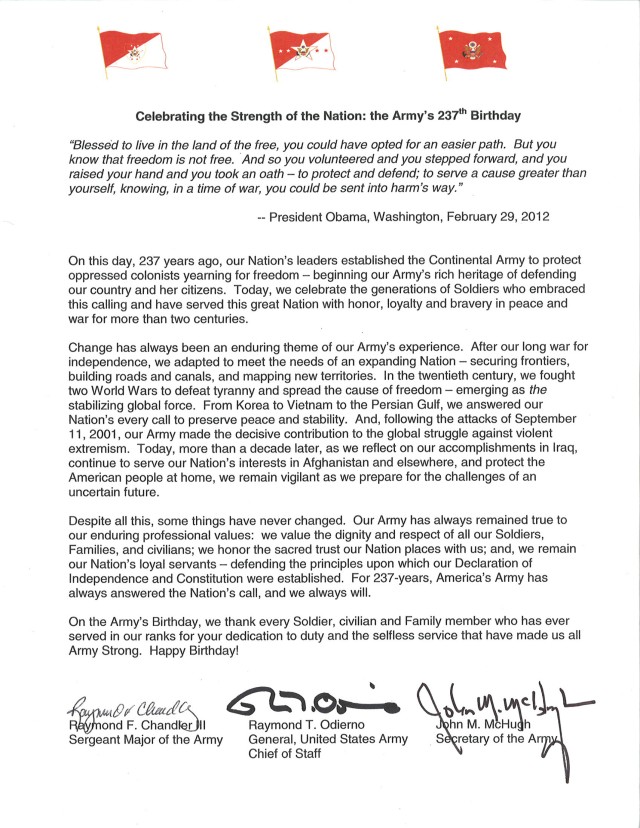 2012 Army Birthday tri-signed letter