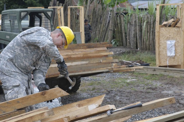 Soldiers get situated at work site in Guatemala