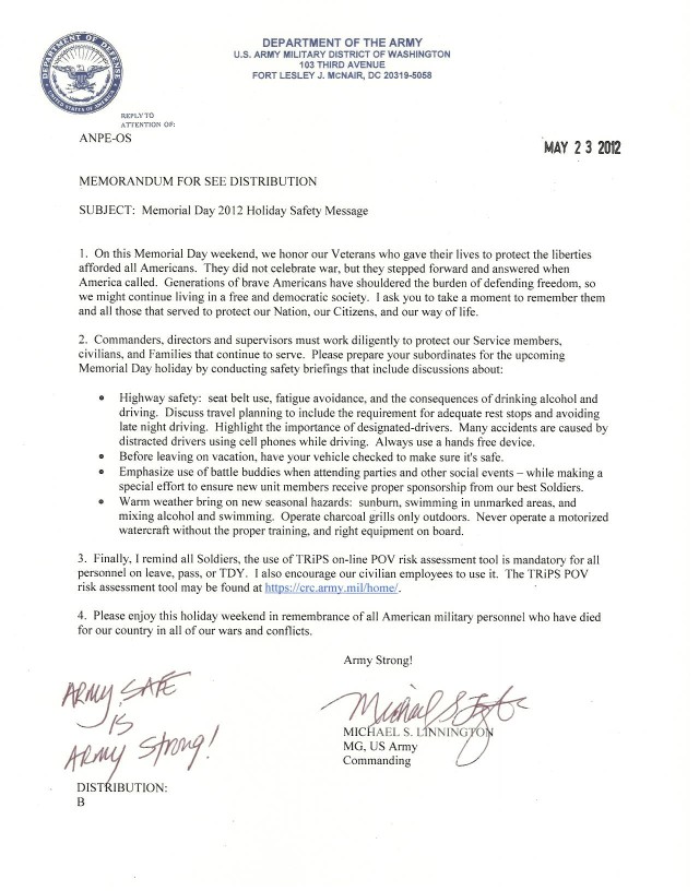 Memorial Day 2012 Holiday Safety Message
