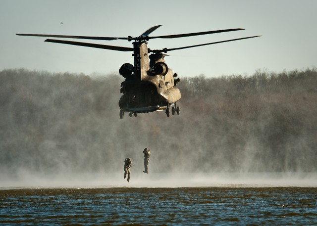 U.S. Army Sapper Soldiers helocast into Lake of the Ozarks