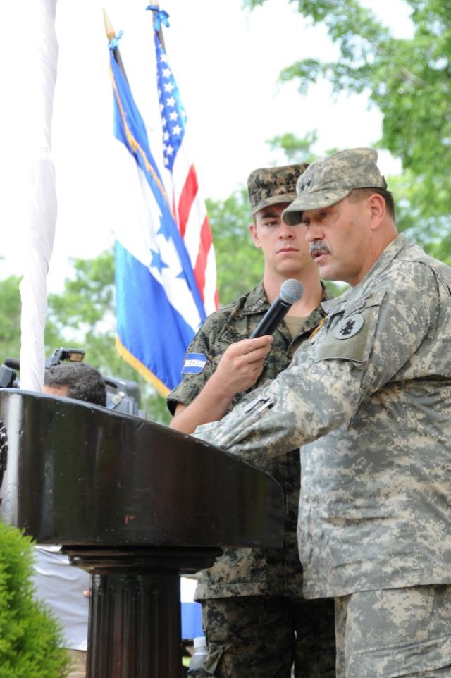 Maj. Gen. Simeon G. Trombitas, the U.S. Army South commanding general, speaks at the closing ceremony for BTH Honduras 2012.