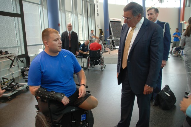 Panetta talks to a wounded warrior