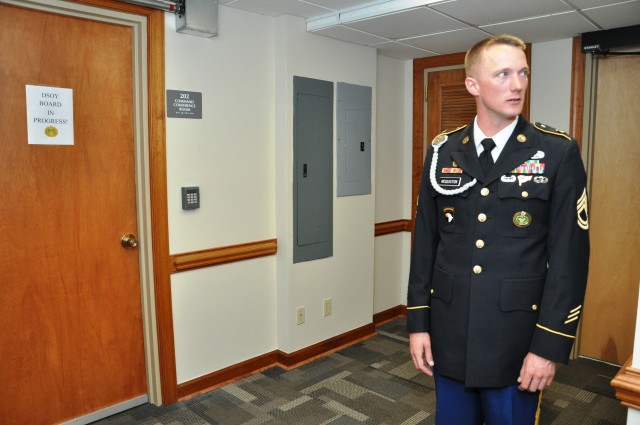 Drill Sergeant McQuiston waits his turn to appear before a CSM board at DSOY competition