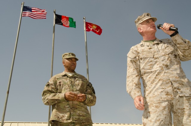 SEAC Battaglia and ISAF CSM Capel talk to Marines at Camp Leatherneck