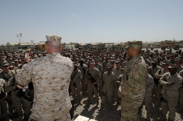 SEAC and CSM Capel speak with Marines at Camp Leatherneck