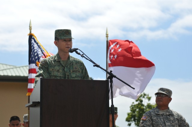Chief of staff for the 3rd Division, Singapore Armed Forces addresses troops