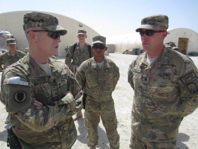 Brig. Gen. David Clarkson visits the 18th CSSB retrograde yard in Kandahar Airfield