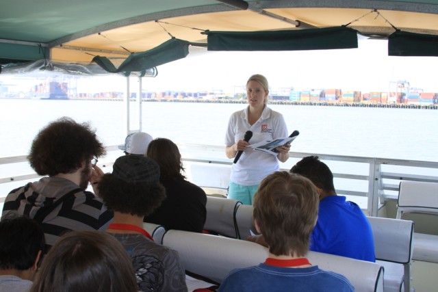 Hydraulic Engineer Beth Williams talks harbor expansion with high school students