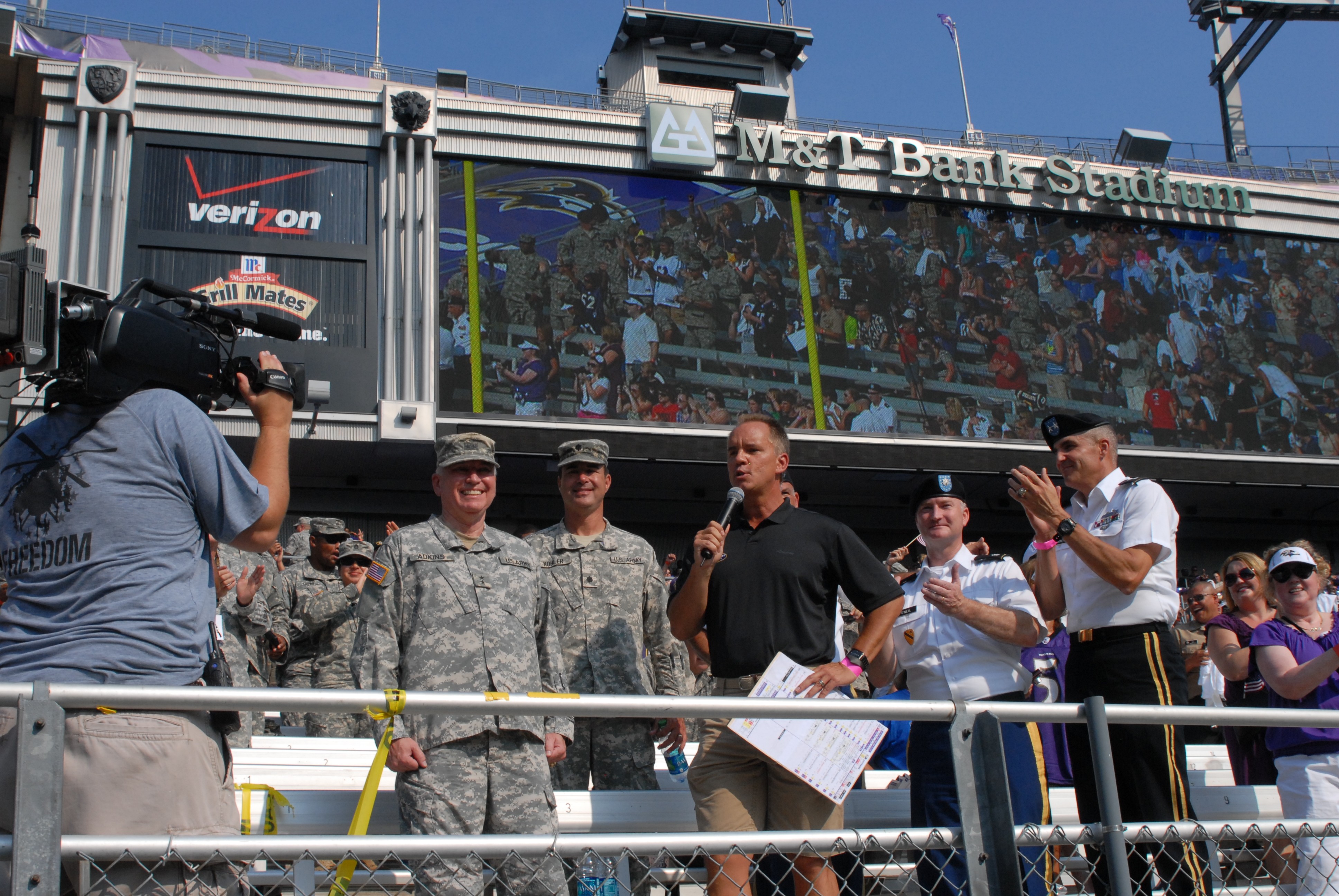 Maryland National Guard soldiers and airmen participate in the pre-game  ceremony for the Baltimore Ravens against the Miami Dolphins game at M&T  Bank Stadium in Baltimore, Md., Sept. 18, 2022. The pre-game