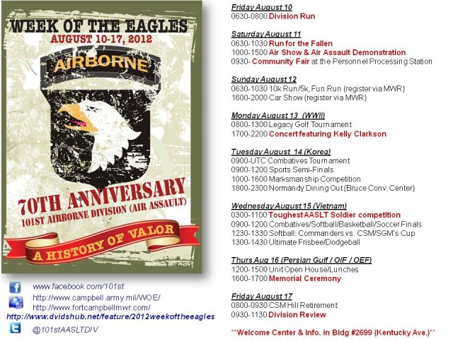 Schedule of key events during 2012 Week of the Eagles