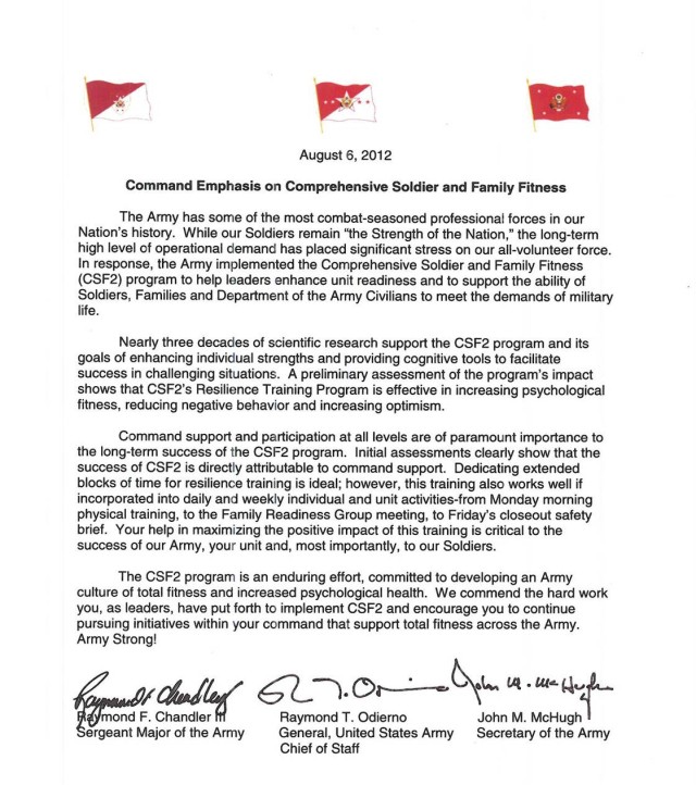 Tri-signed Letter: Command Emphasis on Comprehensive Soldier and Family Fitness