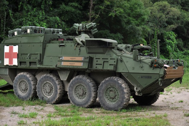 Stryker medical vehicles on hand at training range