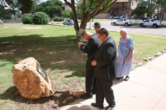 Harold DeClay, the great, great, great, great grandson of Sgt. William Alchesay, takes a photo of the plaque dedicated to Alchesay on Sept. 14 and located at the barracks building named after his ance