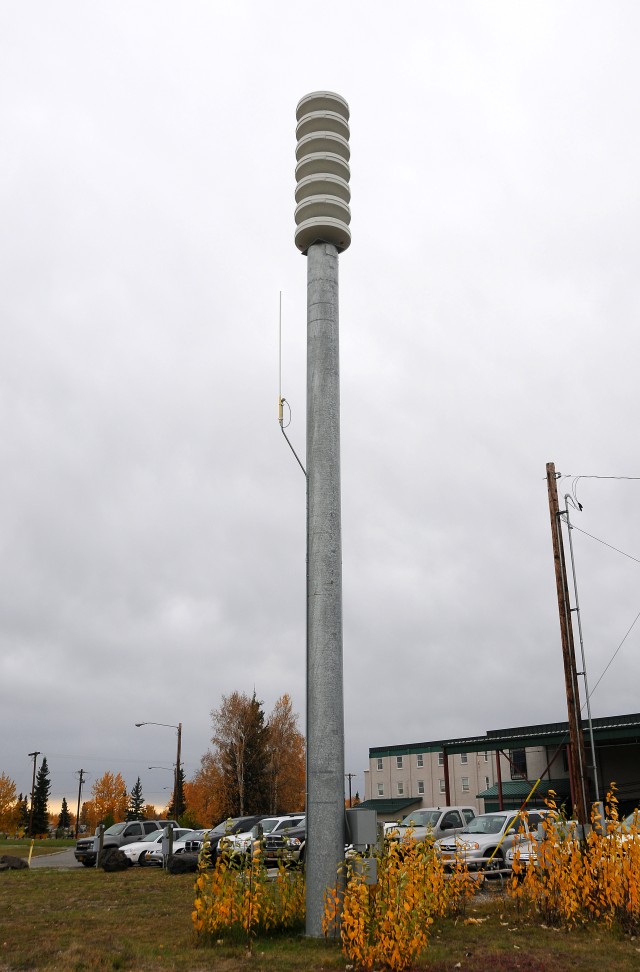 Mass notification tower behind Fort Wainwright's Welcome Center