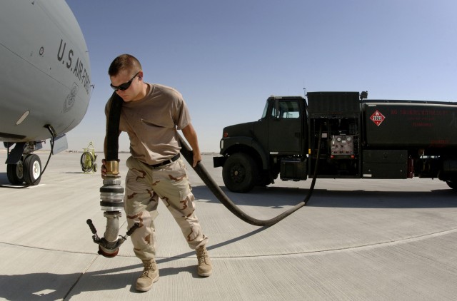 Refueling a KC-135 Stratotanker aircraft with JP-8