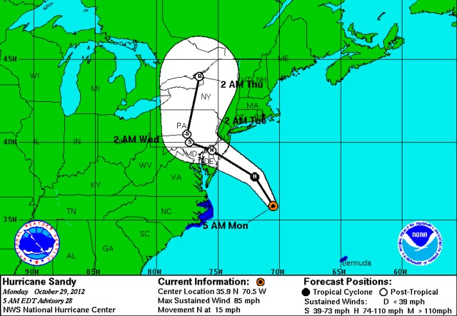 Hurricane Sandy as of 5 a.m. (EDT), Oct. 29, 2012