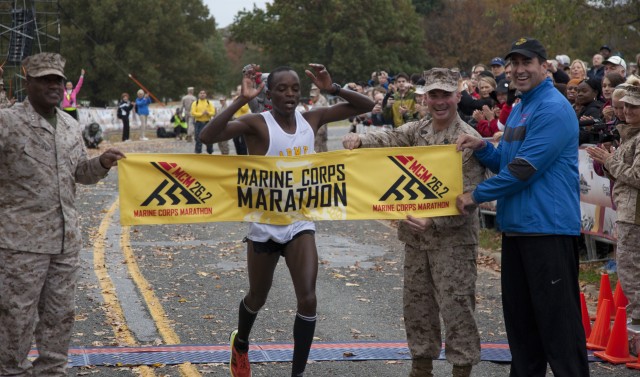 Maiyo crosses finish line at 2012 Marine Corps Marathon