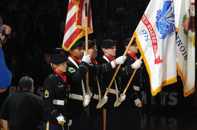85th Support Command lead the colors at Chicago Bulls home game