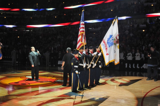 85th Support Command lead the colors during Chicago Bulls home game