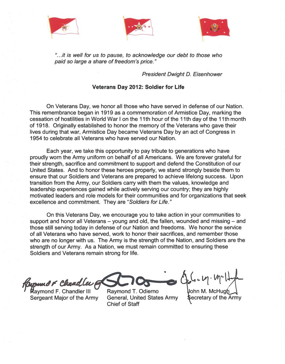 Veterans Day 2012 trisigned letter Article The United States Army