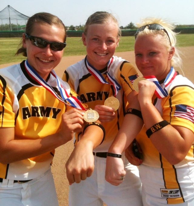 2012 All-Army Women's Softball teammates, 1st Lt. Alyson McWherter, Sgt. Ashley Walker, and Staff Sgt. Nicole Dunn