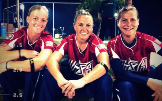 2012 All-Forces women's Softball teammates, Army Sgt. Ashley Walker, Capt. Lindsey Gerheim, and 1st Lt. Alyson McWherter