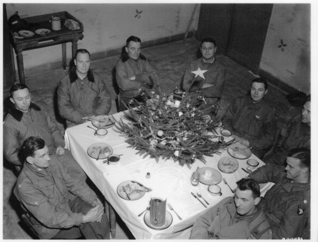 Brig. Gen. Anthony McAuliffe and his staff gathered for Christmas dinner Dec. 25th, 1944.