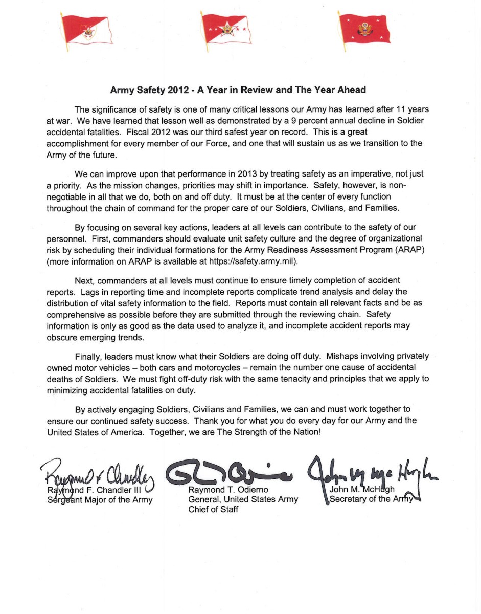 Tri-signed letter: Army Safety 2012 - A Year in Review and the Year ...