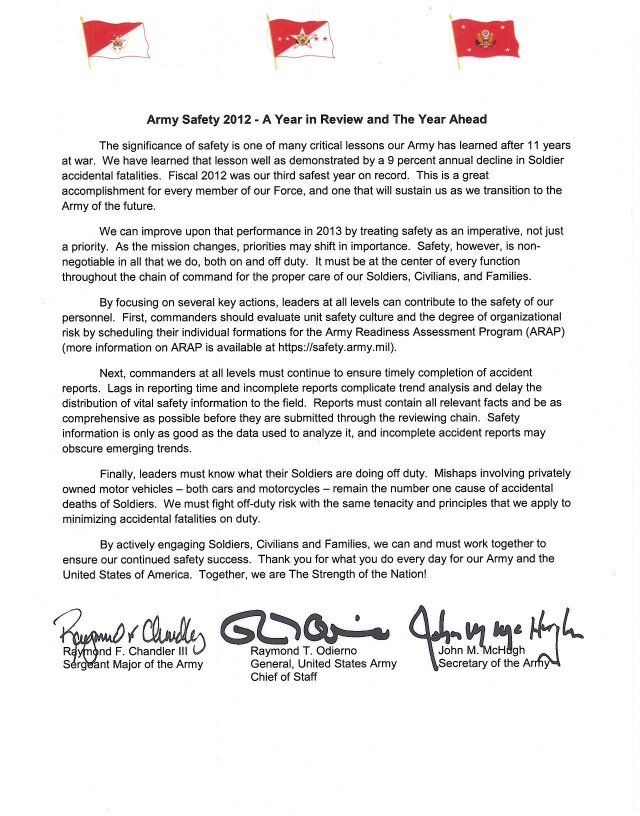 Tri-signed letter: Army Safety 2012 - A Year in Review and the Year Ahead