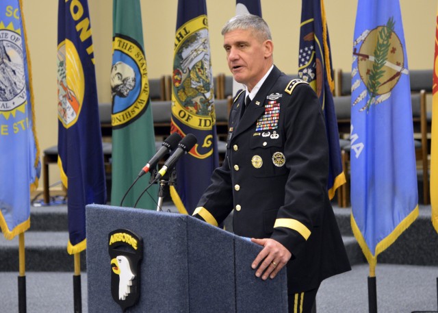 Gen. David Rodriguez, the commander of U.S. Army Forces Command (FORSCOM), speaks during the Distinguished Service Cross ceremony honoring Staff Sgt. Eric Shaw