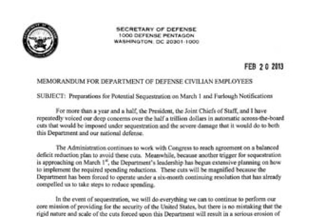 DoD memo to Civilians: Preparation for Potential Sequestration on March 1 and Furlough Notification