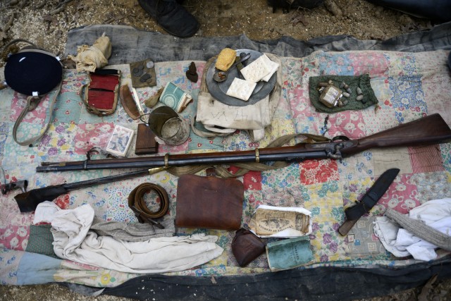 The gear a Confederate Soldier carried is laid out here.