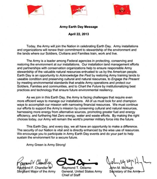 Tri-Signed Army Earth Day Message