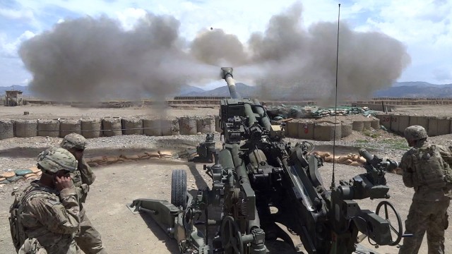 Soldiers with 2nd Battalion, 15th Field Artillery Regiment, fire artillery at Forward Operating Base Boris, Afghanistan.