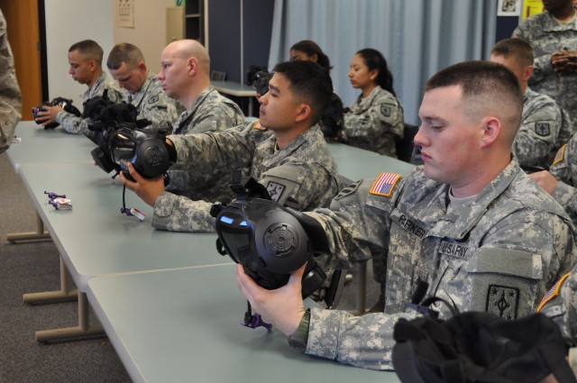 Soldiers inspect M50 protective masks