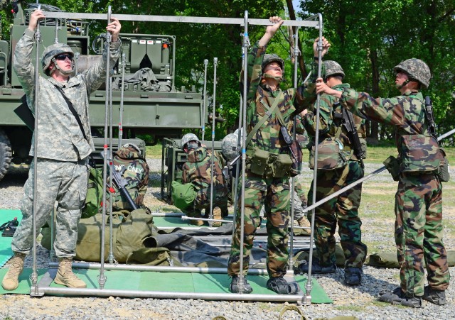 U.S. Signal Soldiers assist South Korean Soldiers set up decontamination area