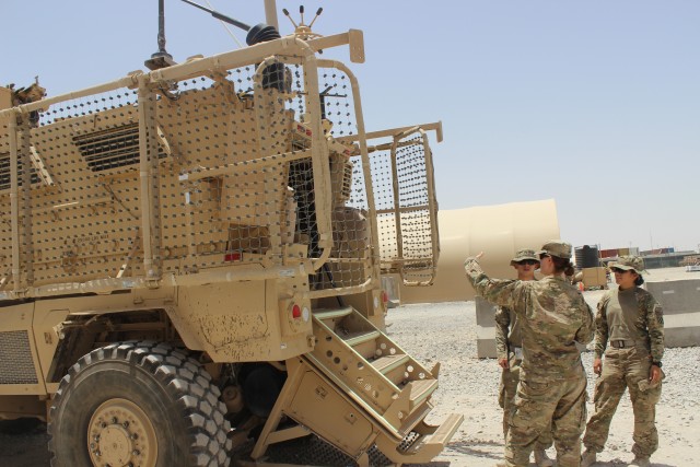 Staff Sgt. Tiffany Schladweiler explains MaxxPro Survivability Upgrades to Soldiers