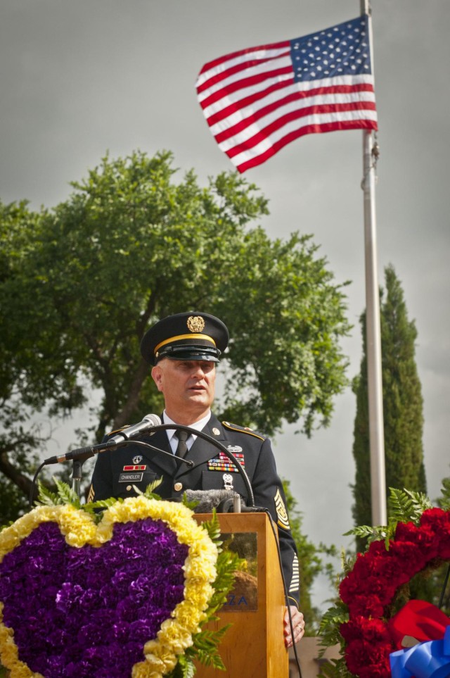 Sergeant major of the Army Ramond F. Chandler III speaks at Memorial Day ceremony in Texas