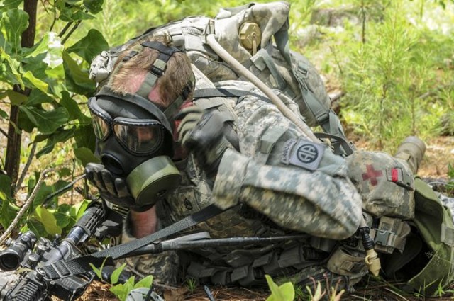 Paratrooper participates in chemical environment training