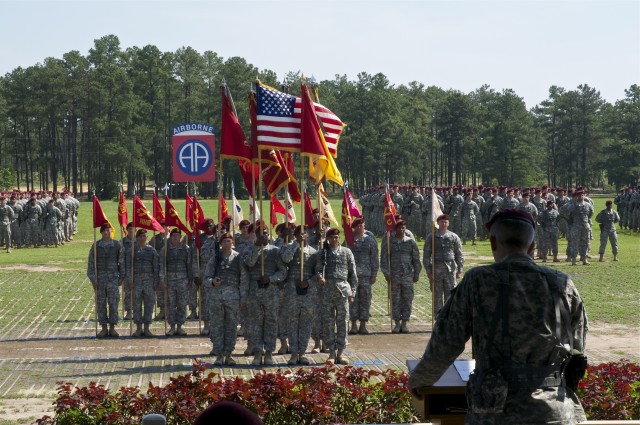Maj. Gen. John W. Nicholson Jr., 82nd Airborne commanding general, delivers a speech to the 18th Fires Brigade
