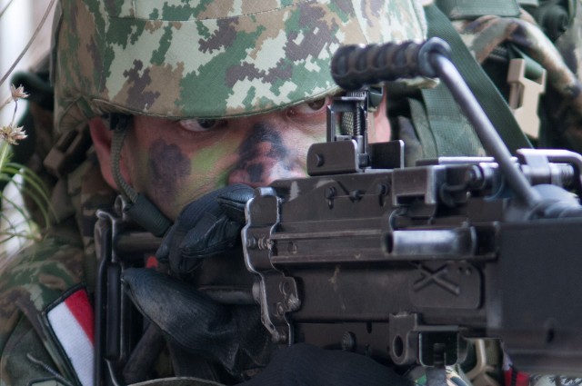 Indonesian Army paratrooper takes aim during Garuda Shield 2013
