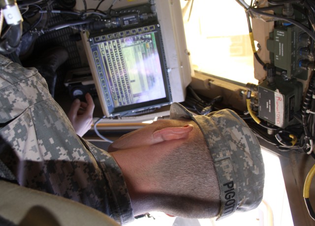A Soldier uses the chat function within Joint Battle Command-Platform (JBC-P) at the Network Integration Evaluation 13.2. Project Manager Mission Command's (PM MC's) Universal Chat Bridge (UCB) is pro