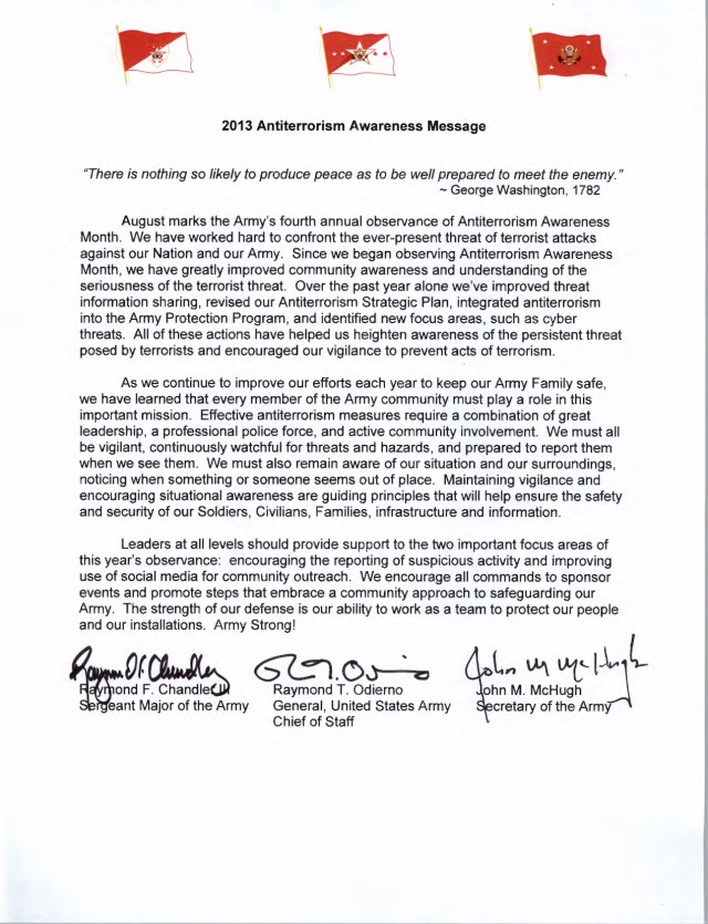 2013 Antiterrorism Awareness Message tri-signed letter