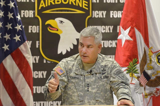 Vice Chief of Staff of the Army Gen. John F. Campbell talks with members of the media during a Ready and Resilient Campaign visit to Fort Campbell