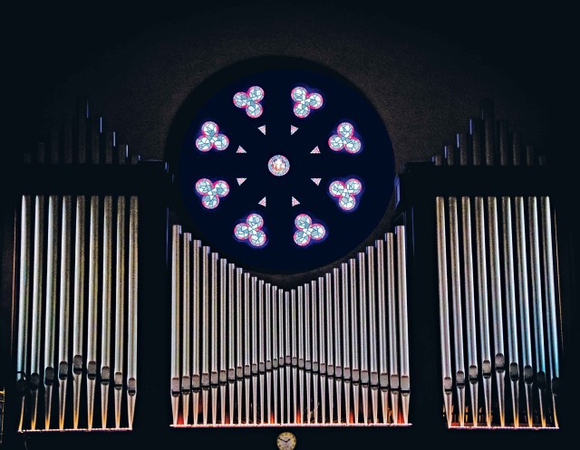 Stained glass window inside Joint Base Lewis-McChord's Main Post Chapel