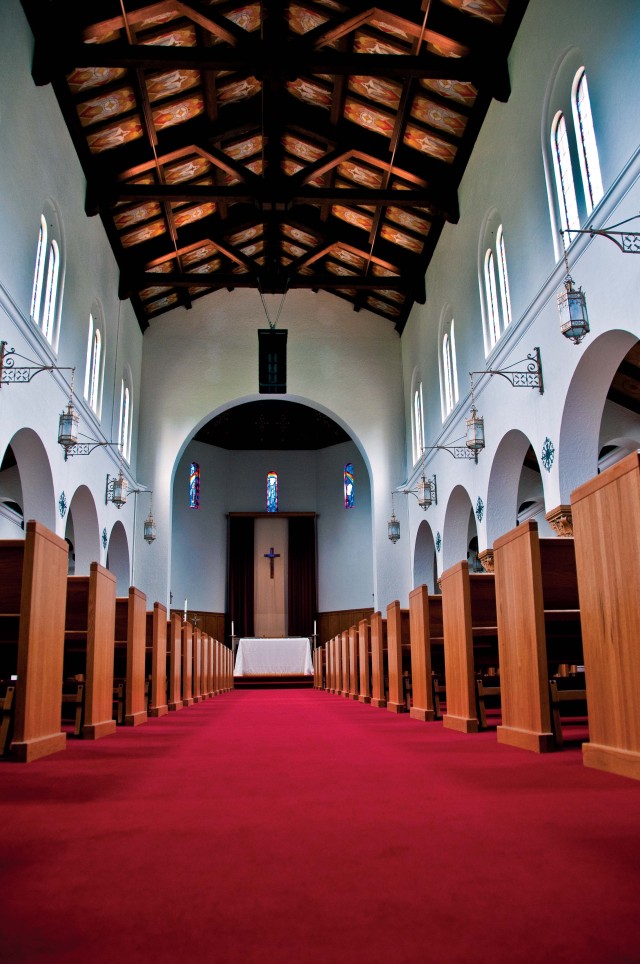 The center aisle inside Joint Base Lewis-McChord's Main Post Chapel