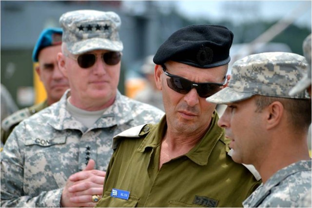 Maj. Gen. Guy Zur, chief of IDF Ground Forces, talks to a Soldier in the 7th Sustainment Brigade on Fort Eustis. The 7th Sustainment Brigade also provided a watercraft capability brief and demonstrati