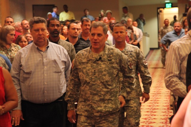 LTG Mike Ferriter and CSM Earl Rice arrive at town hall