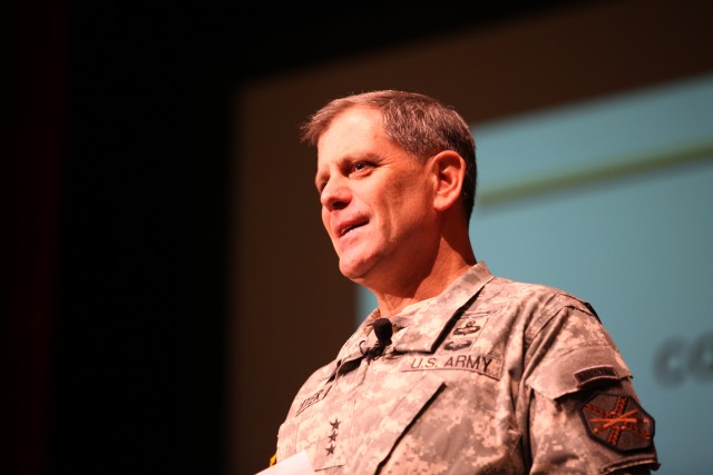 LTG Ferriter addresses audience at town hall