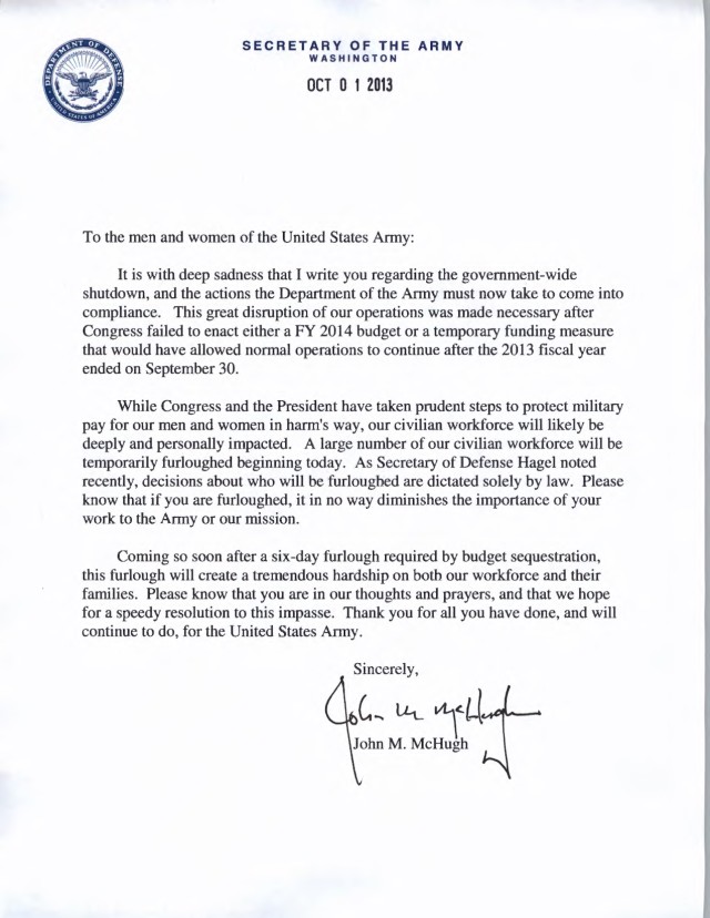 SecArmy McHugh letter to force about government shutdown